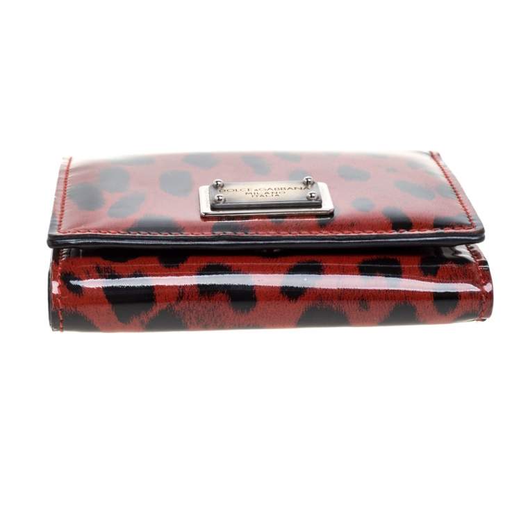 Pre Owned Dolce & Gabbana Red Leopard Print Patent Leather Trifold Wallet