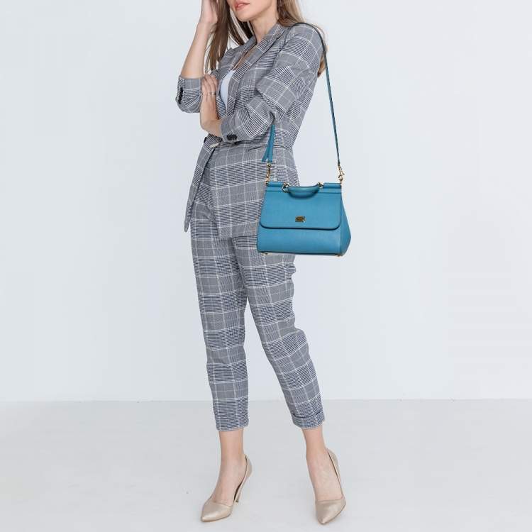 Pre Owned Dolce & Gabbana Baby Blue Leather Medium Miss Sicily Top Handle Bag