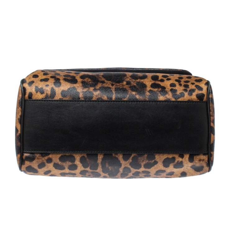 Pre Owned Dolce & Gabbana Black/Brown Leopard Print Coated Canvas and Leather Large Miss Sicily Top Handle Bag