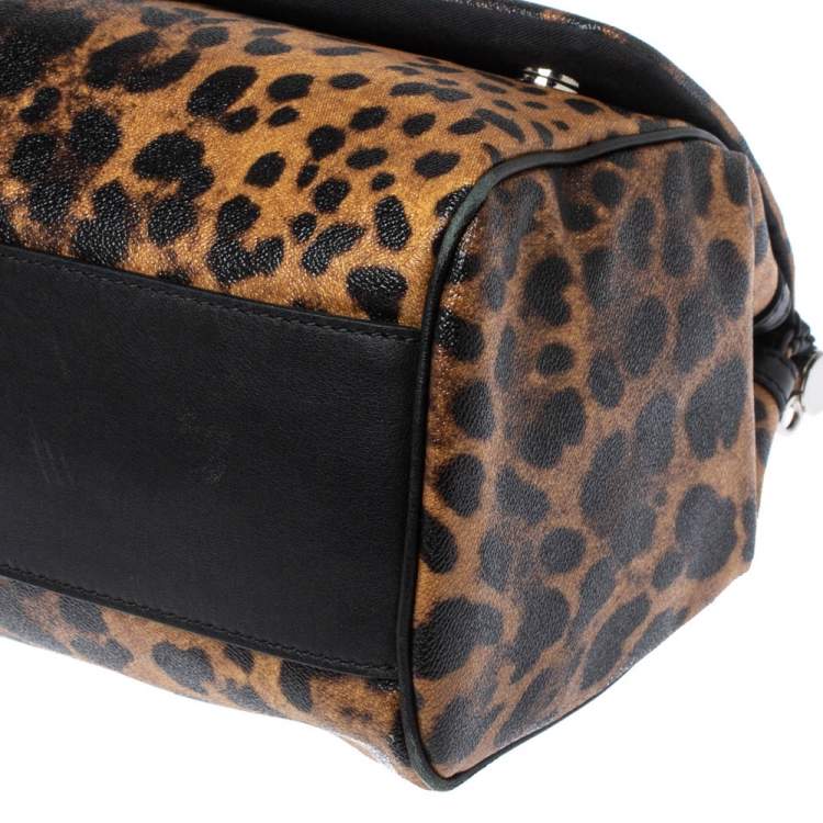 Pre Owned Dolce & Gabbana Black/Brown Leopard Print Coated Canvas and Leather Large Miss Sicily Top Handle Bag