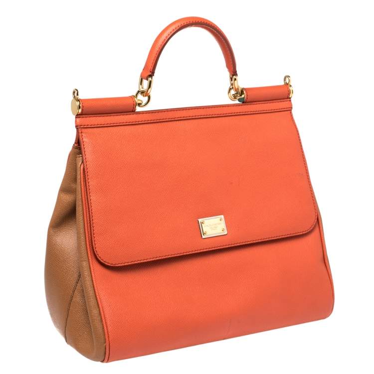 Pre Owned Dolce & Gabbana Orange/Brown Leather Large Miss Sicily Top Handle Bag