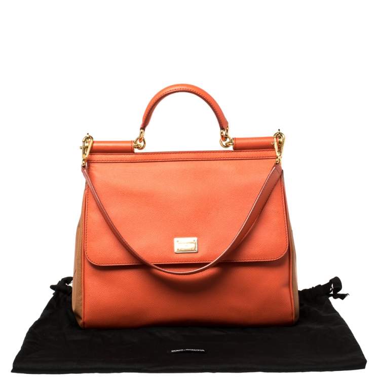 Pre Owned Dolce & Gabbana Orange/Brown Leather Large Miss Sicily Top Handle Bag