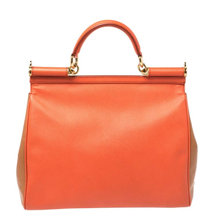 Pre Owned Dolce & Gabbana Orange/Brown Leather Large Miss Sicily Top Handle Bag