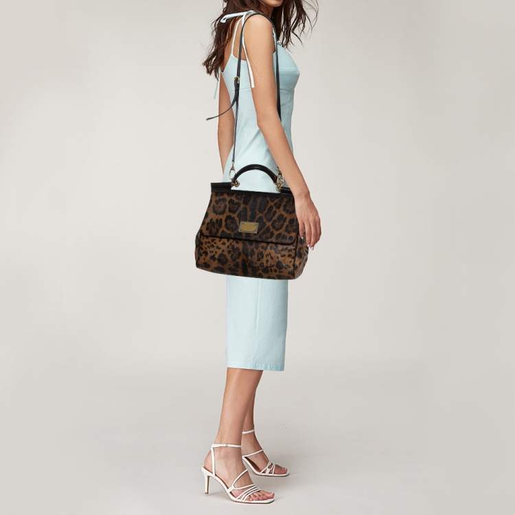 Pre Owned Dolce & Gabbana Black/Brown Leopard Print Coated Canvas and Leather Large Sicily Top Handle Bag