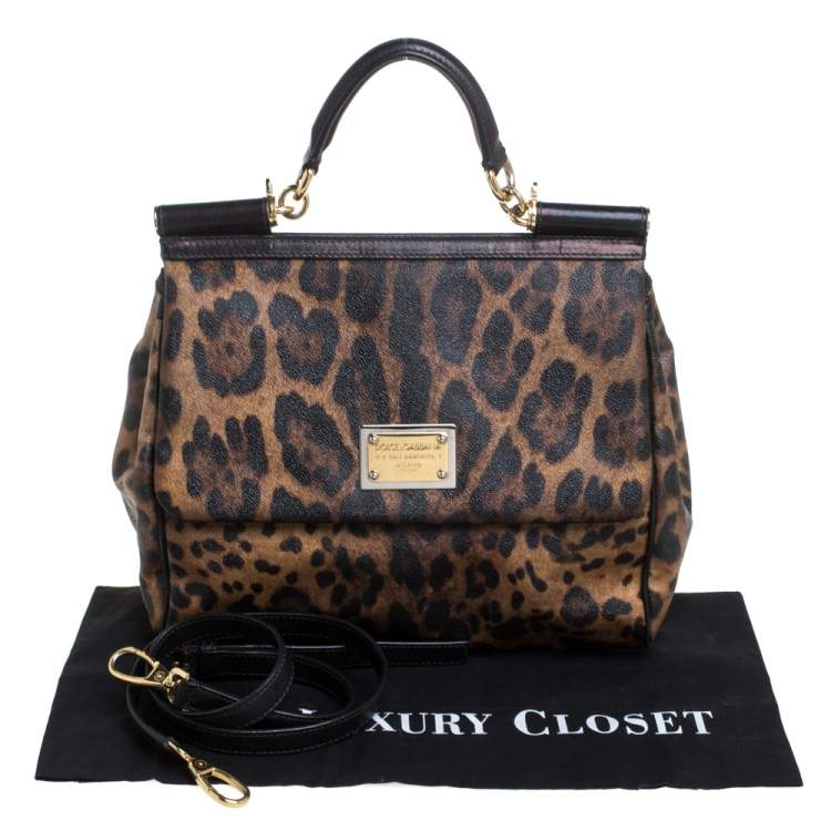 Pre Owned Dolce & Gabbana Black/Brown Leopard Print Coated Canvas and Leather Large Sicily Top Handle Bag
