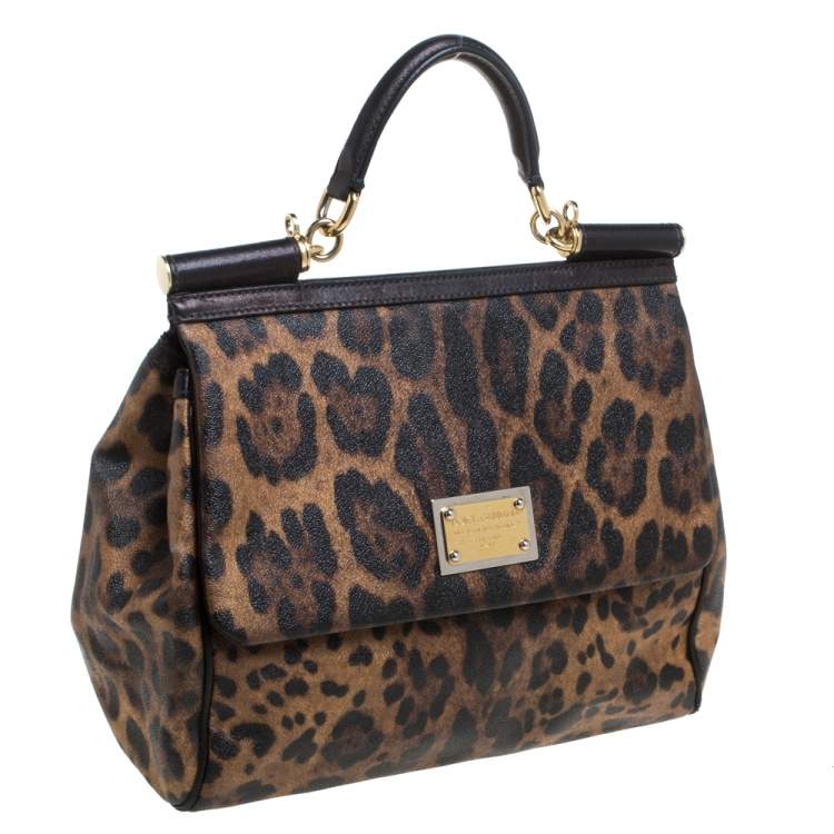 Pre Owned Dolce & Gabbana Black/Brown Leopard Print Coated Canvas and Leather Large Sicily Top Handle Bag