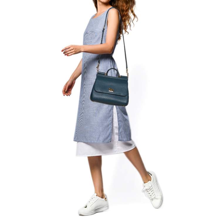 Pre Owned Dolce & Gabbana Teal Blue Leather Medium Miss Sicily Top Handle Bag