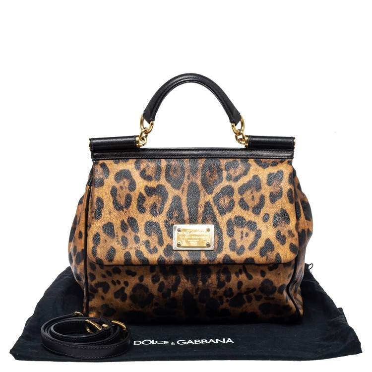 Pre Owned Dolce & Gabbana Black/Brown Leopard Print Coated Canvas and Leather Large Sicily Top Handle Bag