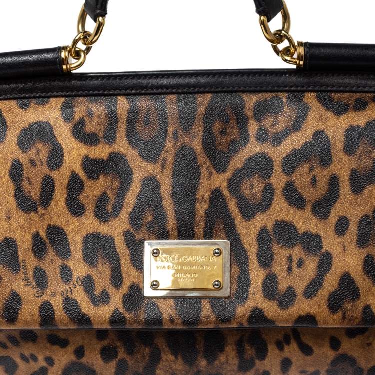 Pre Owned Dolce & Gabbana Black/Brown Leopard Print Coated Canvas and Leather Large Sicily Top Handle Bag