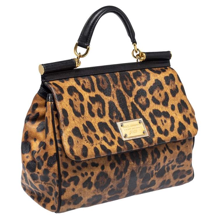 Pre Owned Dolce & Gabbana Black/Brown Leopard Print Coated Canvas and Leather Large Sicily Top Handle Bag