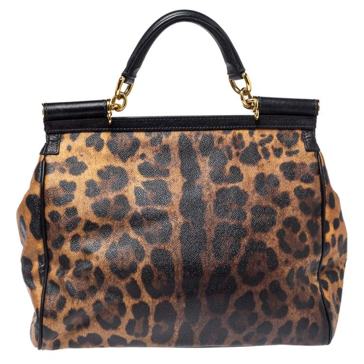 Pre Owned Dolce & Gabbana Black/Brown Leopard Print Coated Canvas and Leather Large Sicily Top Handle Bag