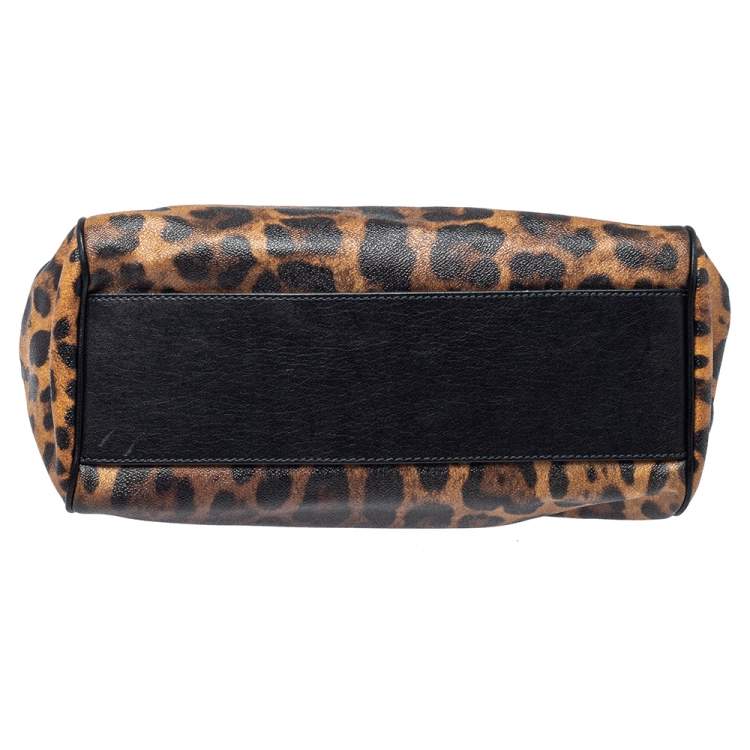 Pre Owned Dolce & Gabbana Black/Brown Leopard Print Coated Canvas and Leather Large Sicily Top Handle Bag