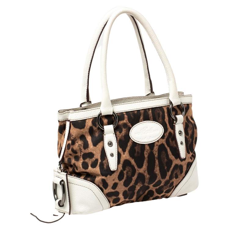 Pre Owned Dolce & Gabbana White/Brown Animal Print Fabric and Leather Satchel