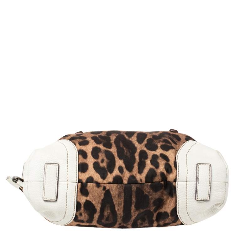Pre Owned Dolce & Gabbana White/Brown Animal Print Fabric and Leather Satchel