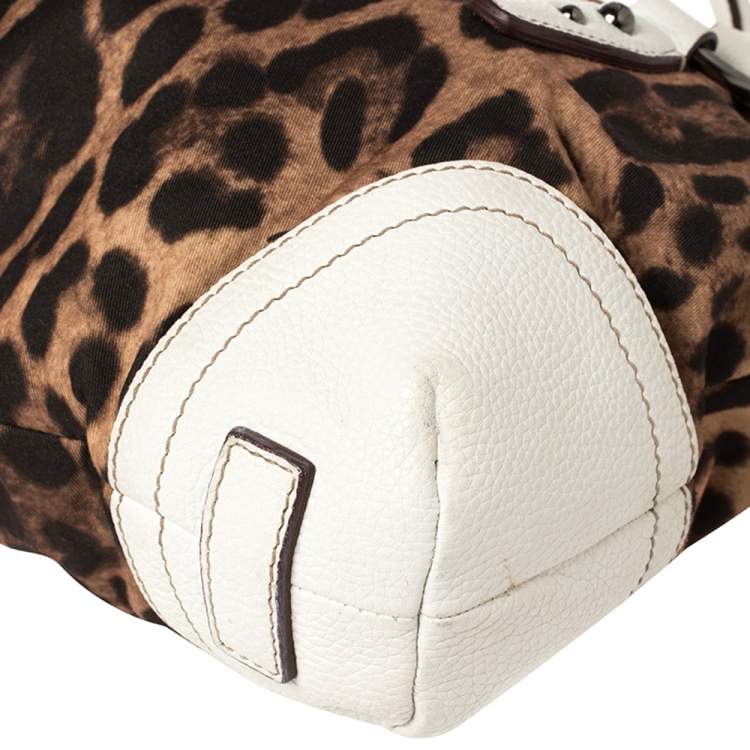 Pre Owned Dolce & Gabbana White/Brown Animal Print Fabric and Leather Satchel