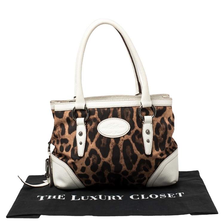 Pre Owned Dolce & Gabbana White/Brown Animal Print Fabric and Leather Satchel