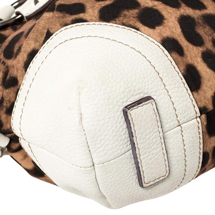 Pre Owned Dolce & Gabbana White/Brown Animal Print Fabric and Leather Satchel