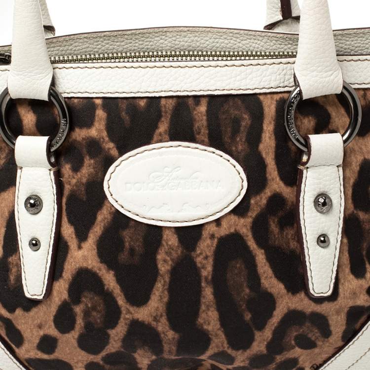 Pre Owned Dolce & Gabbana White/Brown Animal Print Fabric and Leather Satchel