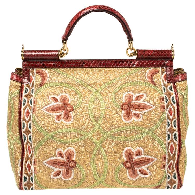 Pre Owned Dolce & Gabbana Multicolor Embroidered Fabric and Python Trim Queen Regina Large Sicily Top Handle Bag