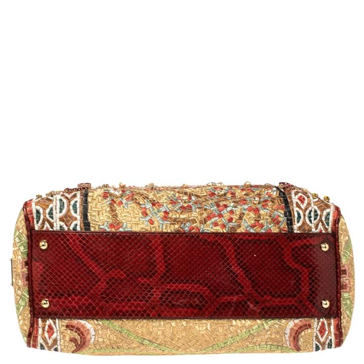 Pre Owned Dolce & Gabbana Multicolor Embroidered Fabric and Python Trim Queen Regina Large Sicily Top Handle Bag