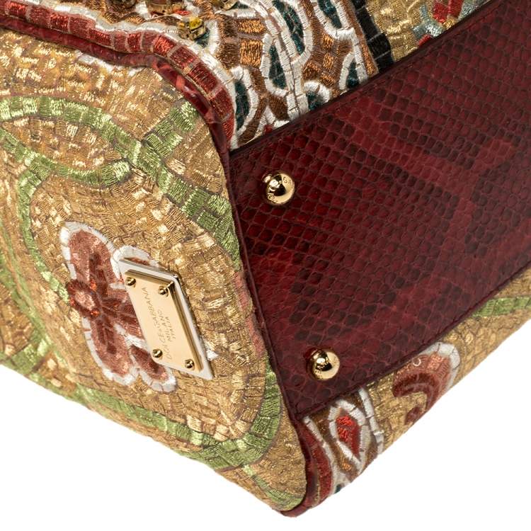 Pre Owned Dolce & Gabbana Multicolor Embroidered Fabric and Python Trim Queen Regina Large Sicily Top Handle Bag