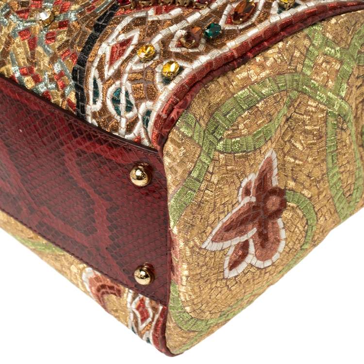 Pre Owned Dolce & Gabbana Multicolor Embroidered Fabric and Python Trim Queen Regina Large Sicily Top Handle Bag