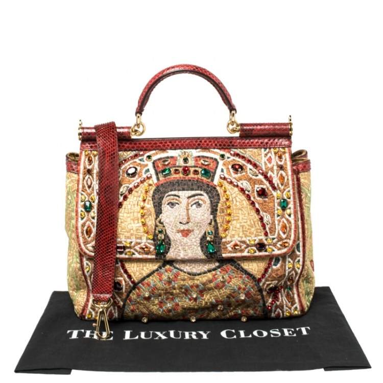 Pre Owned Dolce & Gabbana Multicolor Embroidered Fabric and Python Trim Queen Regina Large Sicily Top Handle Bag