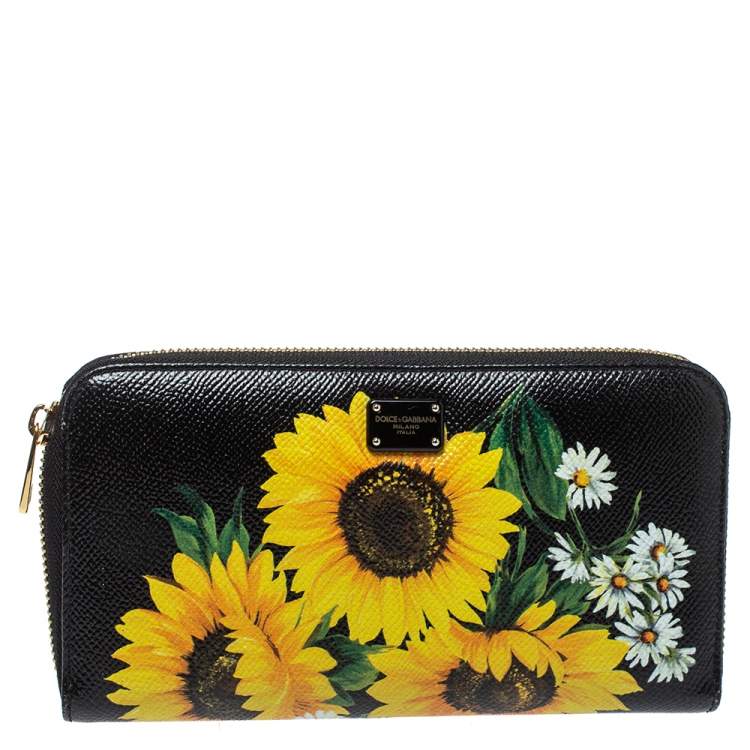Pre Owned Dolce & Gabbana Black Sunflower Print Leather Zip Around Wallet