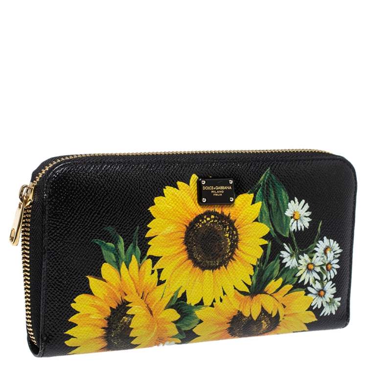 Pre Owned Dolce & Gabbana Black Sunflower Print Leather Zip Around Wallet
