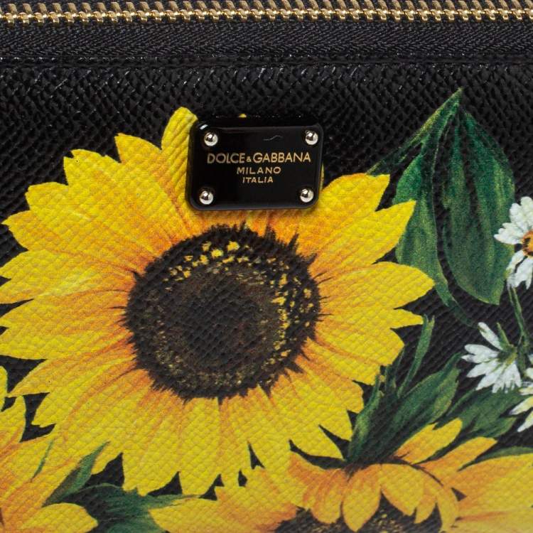 Pre Owned Dolce & Gabbana Black Sunflower Print Leather Zip Around Wallet