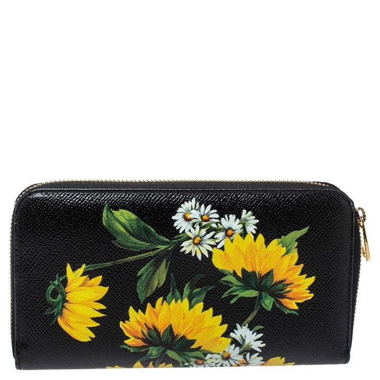 Pre Owned Dolce & Gabbana Black Sunflower Print Leather Zip Around Wallet