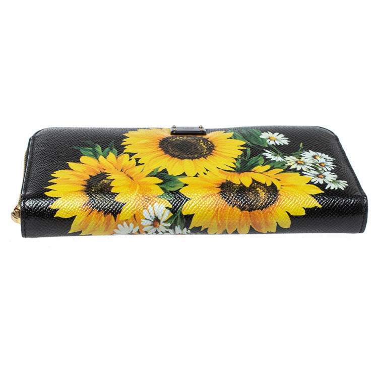 Pre Owned Dolce & Gabbana Black Sunflower Print Leather Zip Around Wallet