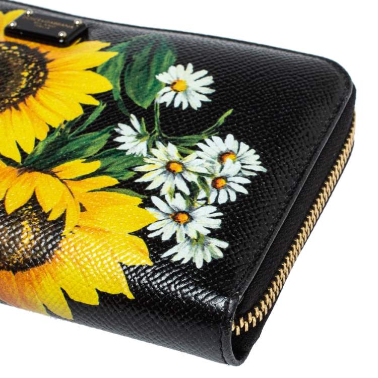 Pre Owned Dolce & Gabbana Black Sunflower Print Leather Zip Around Wallet