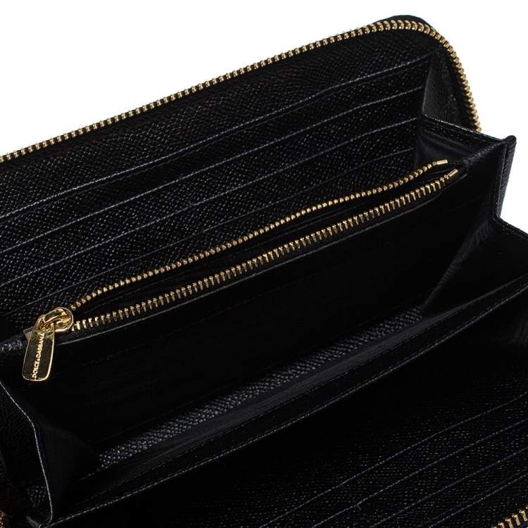 Pre Owned Dolce & Gabbana Black Sunflower Print Leather Zip Around Wallet