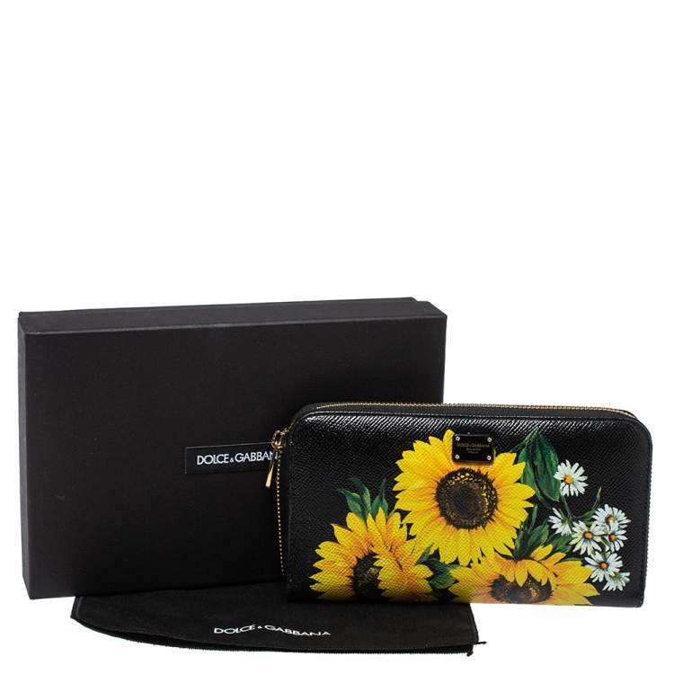Pre Owned Dolce & Gabbana Black Sunflower Print Leather Zip Around Wallet