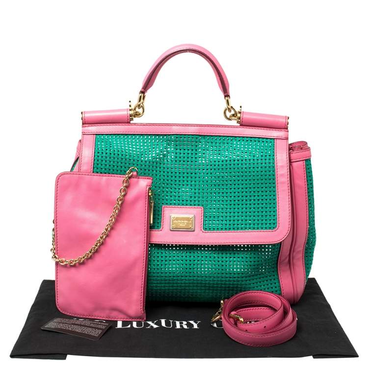 Pre Owned Dolce & Gabbana Green/Pink Woven Raffia and Leather Large Miss Sicily Top Handle Bag