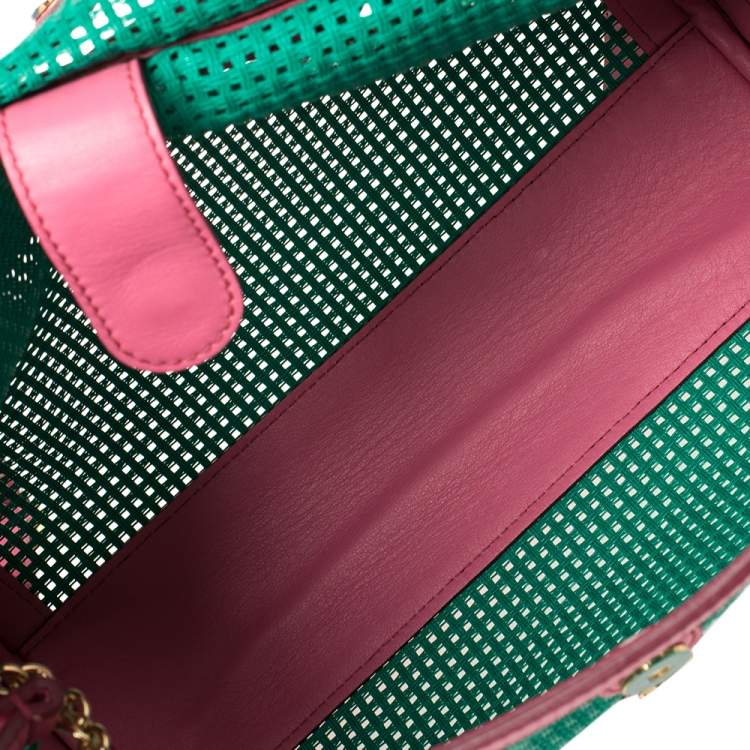 Pre Owned Dolce & Gabbana Green/Pink Woven Raffia and Leather Large Miss Sicily Top Handle Bag