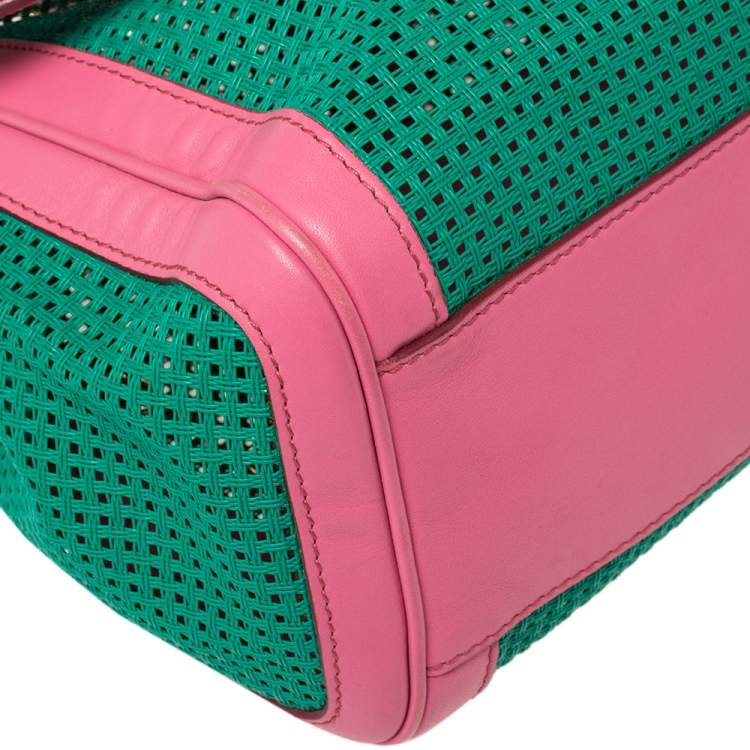 Pre Owned Dolce & Gabbana Green/Pink Woven Raffia and Leather Large Miss Sicily Top Handle Bag