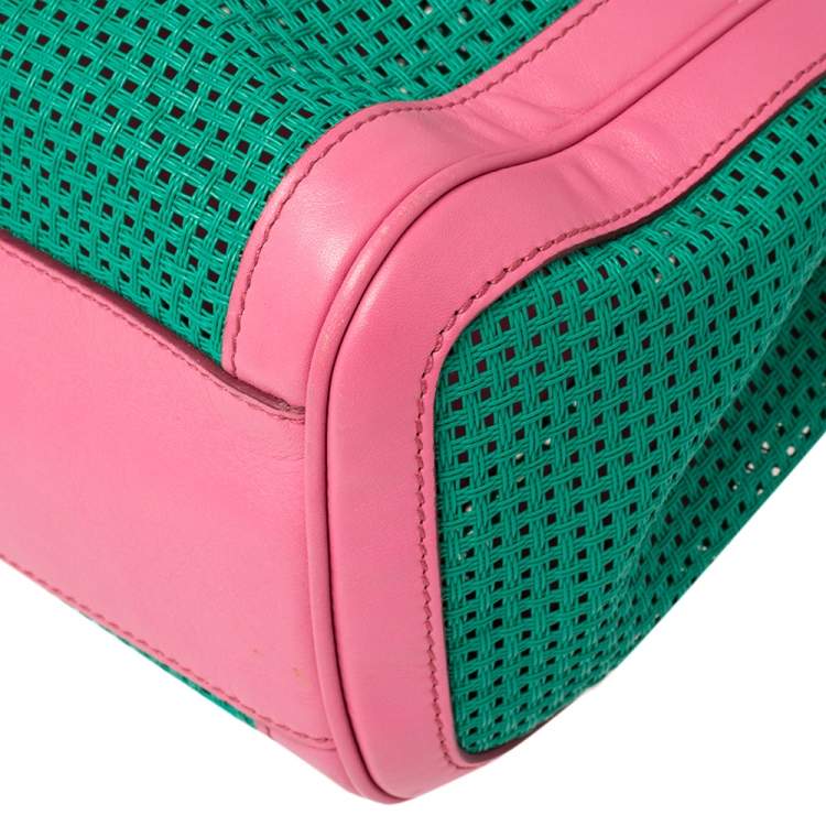 Pre Owned Dolce & Gabbana Green/Pink Woven Raffia and Leather Large Miss Sicily Top Handle Bag