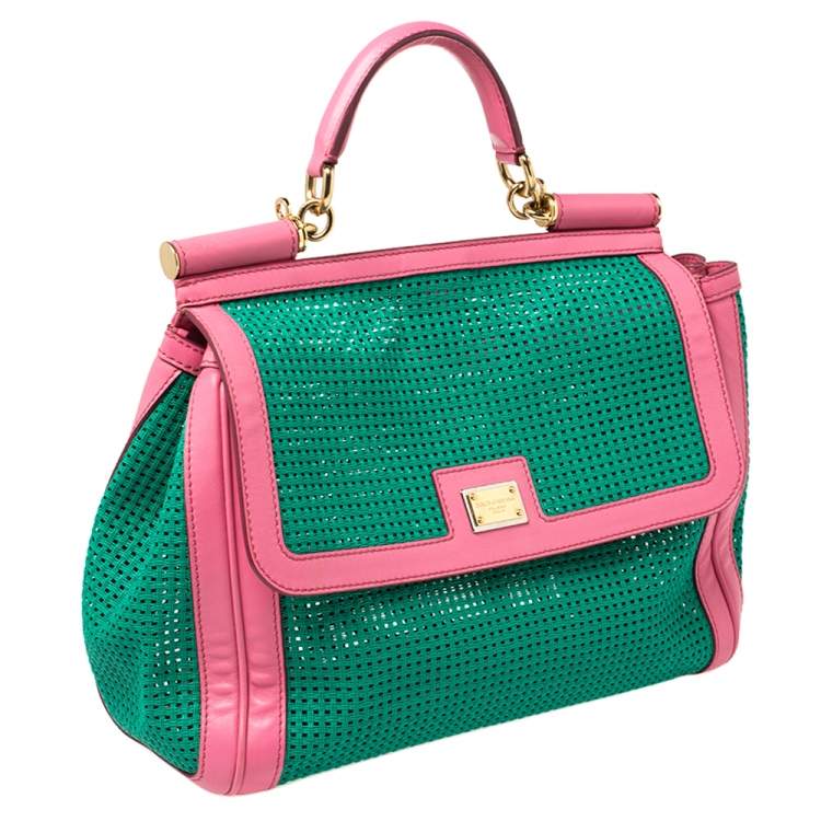 Pre Owned Dolce & Gabbana Green/Pink Woven Raffia and Leather Large Miss Sicily Top Handle Bag