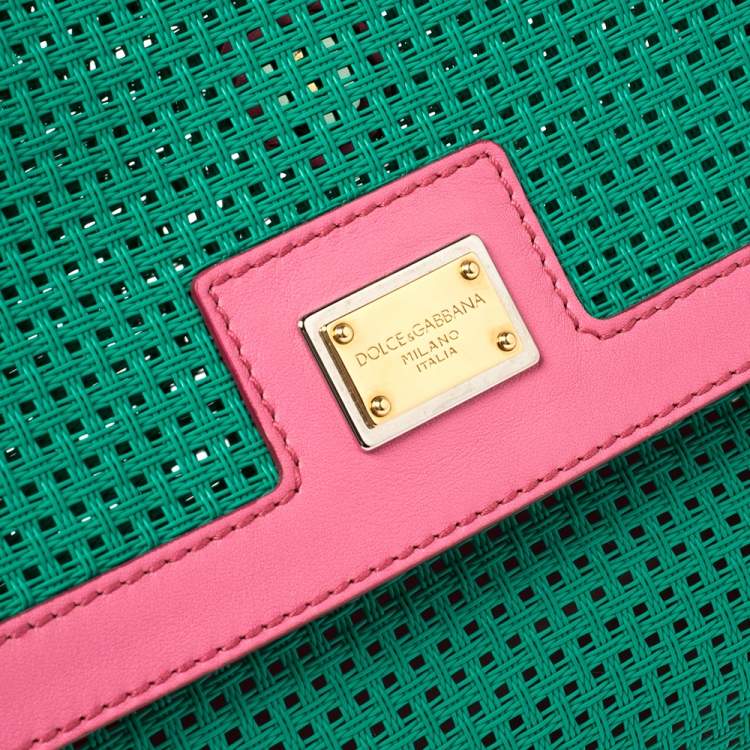 Pre Owned Dolce & Gabbana Green/Pink Woven Raffia and Leather Large Miss Sicily Top Handle Bag