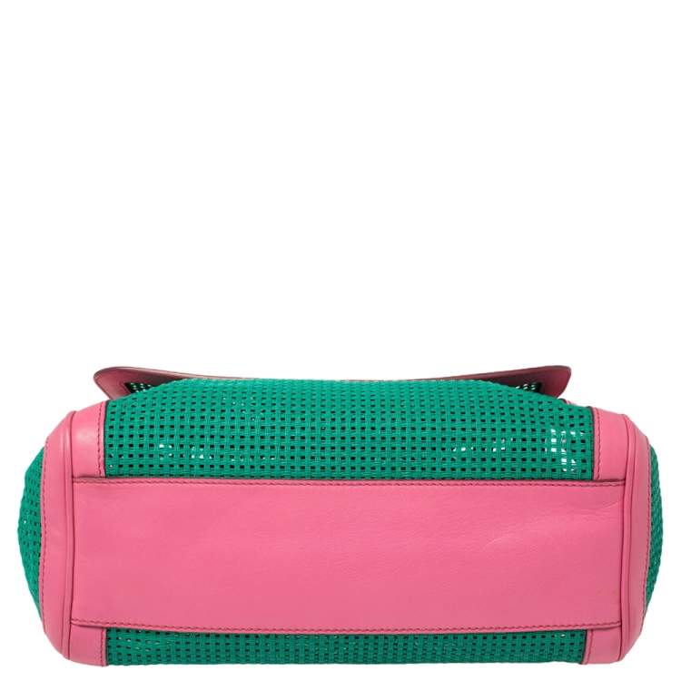 Pre Owned Dolce & Gabbana Green/Pink Woven Raffia and Leather Large Miss Sicily Top Handle Bag