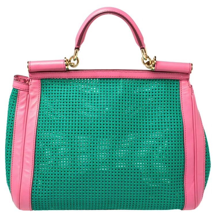 Pre Owned Dolce & Gabbana Green/Pink Woven Raffia and Leather Large Miss Sicily Top Handle Bag