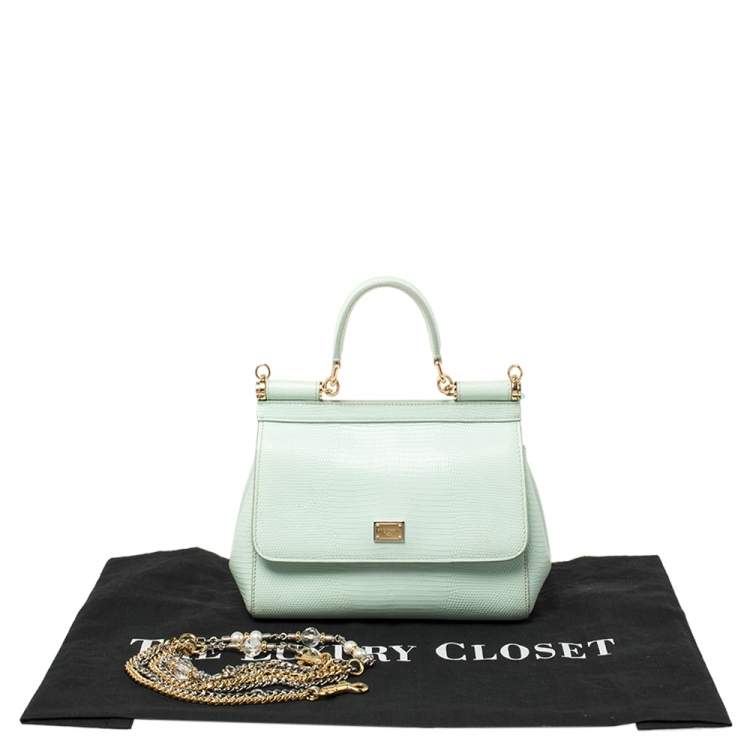 Pre Owned Dolce & Gabbana Green Lizard Embossed Leather Small Miss Sicily Top Handle Bag
