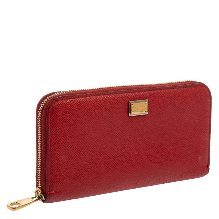 Pre Owned Dolce & Gabbana Red Leather Zip Around Wallet