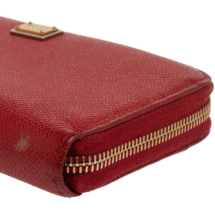 Pre Owned Dolce & Gabbana Red Leather Zip Around Wallet