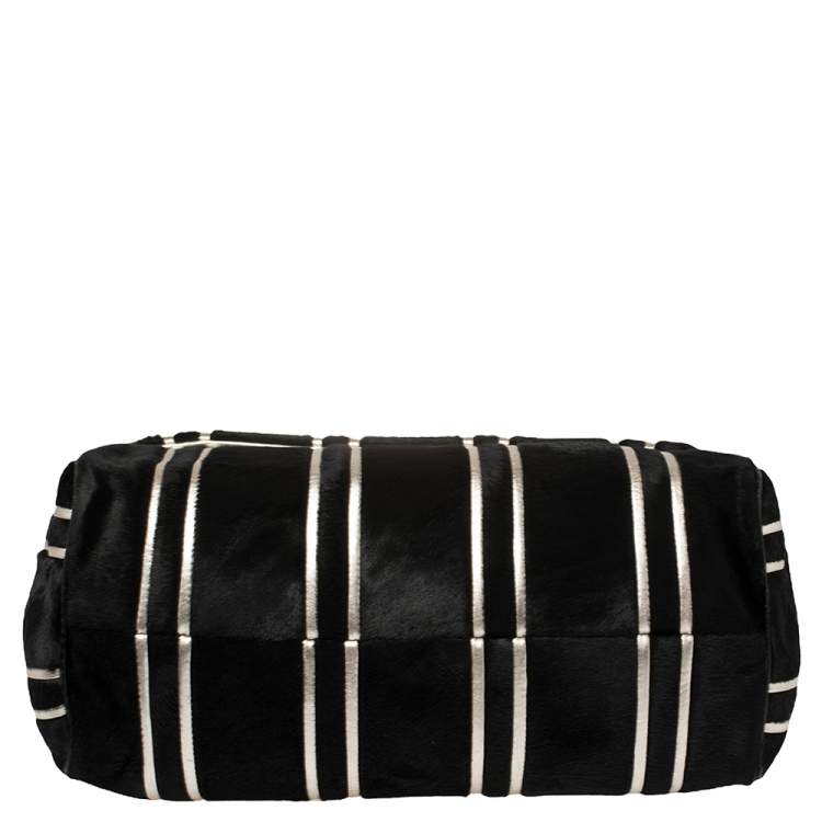 Pre Owned Dolce and Gabbana Black/Silver Stripe Calfhair and Snakeskin XL Miss Sicily Top Handle Bag
