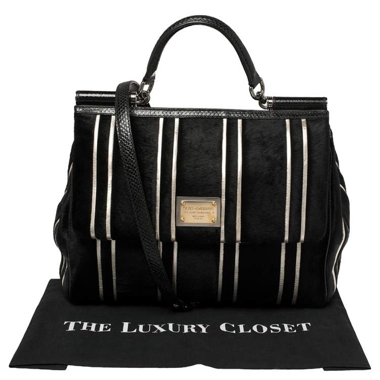 Pre Owned Dolce and Gabbana Black/Silver Stripe Calfhair and Snakeskin XL Miss Sicily Top Handle Bag