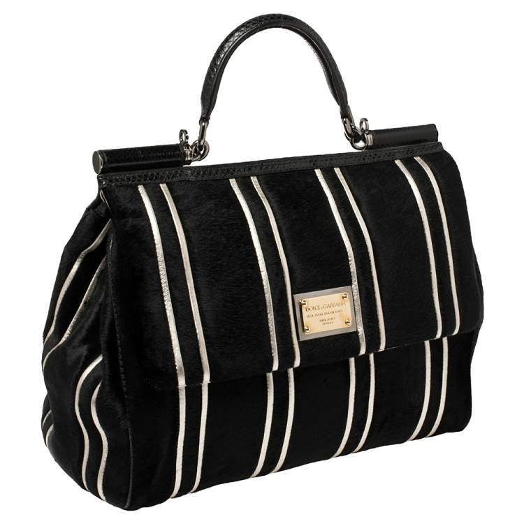 Pre Owned Dolce and Gabbana Black/Silver Stripe Calfhair and Snakeskin XL Miss Sicily Top Handle Bag
