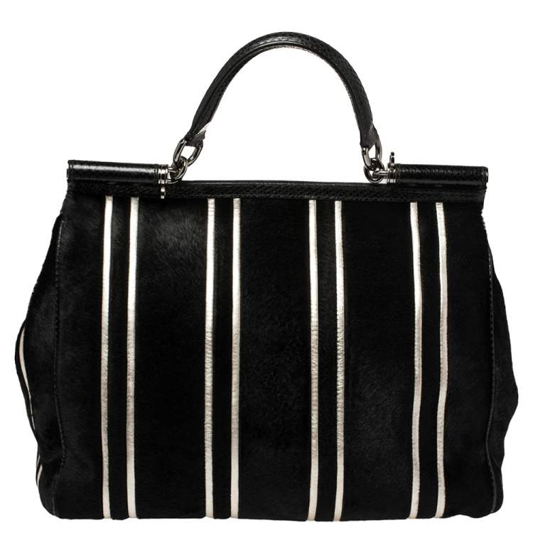 Pre Owned Dolce and Gabbana Black/Silver Stripe Calfhair and Snakeskin XL Miss Sicily Top Handle Bag